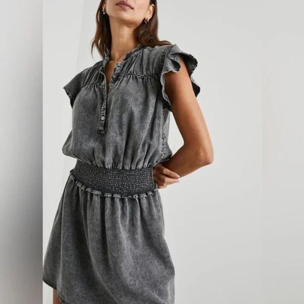 Rails Amina Dress Womens Medium Black Acid Wash Smocked Flutter Sleeve Mini - Picture 2 of 10